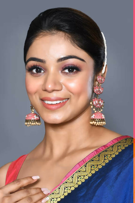 Joban Fashion Women Kundan Pearl Mina Golden White Pink Earrings