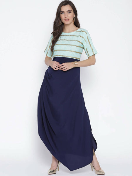 Ahalyaa Blue Crepe One Side Gathered Drape Kurta Dress