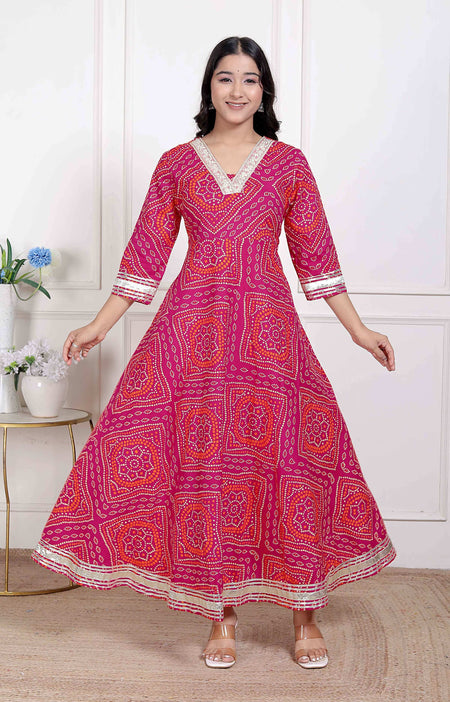 Miravan Women's Pink Cotton Bandhani Ethnic Anarkali Kurta