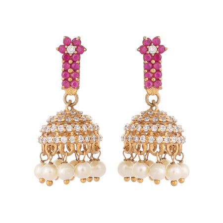 Nuyug 22K Gold Plated Pearl 7 Colored Stone Studded Contemporary Shaped Pink Mini Jhumkas