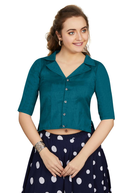 Aastha Fashion Women's Women's Teal Art Silk Button Readymade Blouse