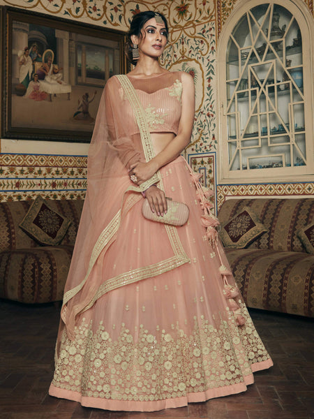 Wedding Designer Sequene Zari Resham Embroidery Peach Net Lahengha Choli - Anbazaar