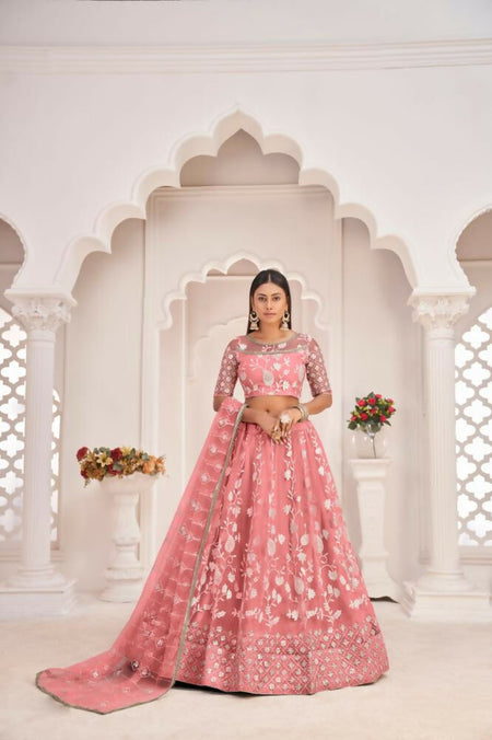 Aastha Fashion Gajari Butterfly Net White Cotton Thread Work, Zari Work And Sandwich Sequence Work Embroidery Wedding Wear Lehenga Choli