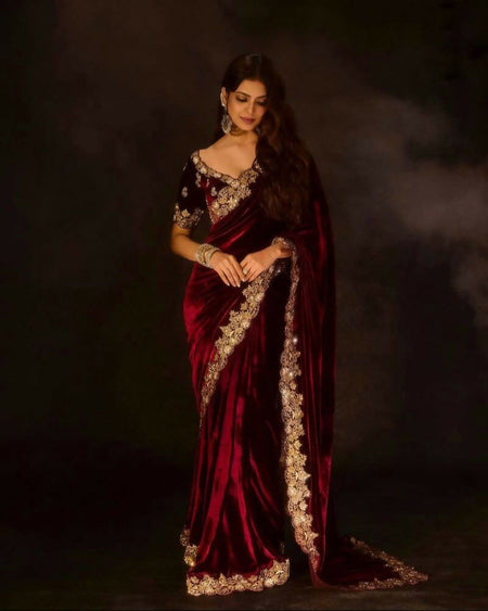 Joban Fashion Maroon 9000 Velvet Party Wear Sarees