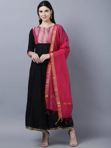 Myshka Women Black Peach-Coloured Colourblocked Cotton Anarkali Kurta