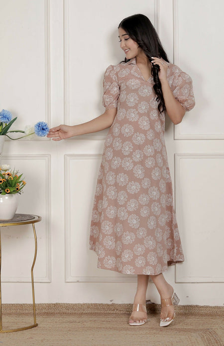 Miravan Womens Puff Sleeve Cheeku Pure Cotton Printed Maxi Dress