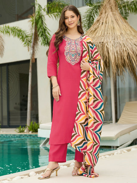 The52 Women's Beautiful Rayon Fabric Embroidery Work Straight Kurta Pant and Dupatta Set