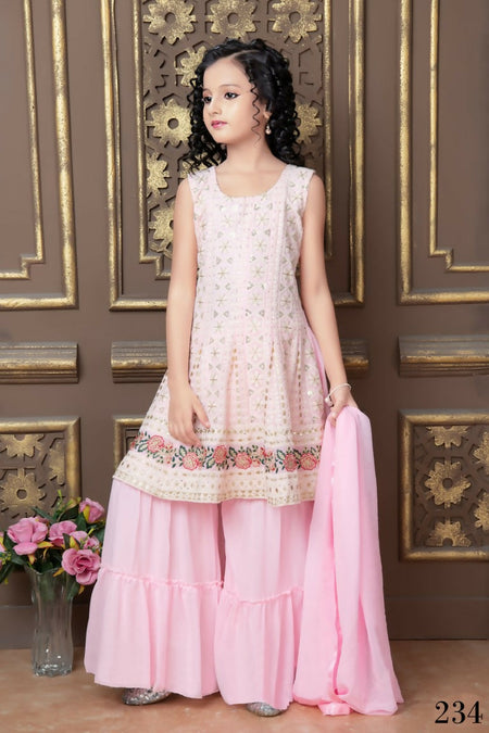 Kids Wedding Designer Pink Faux Georgette Sharara Suit - Aaradhna