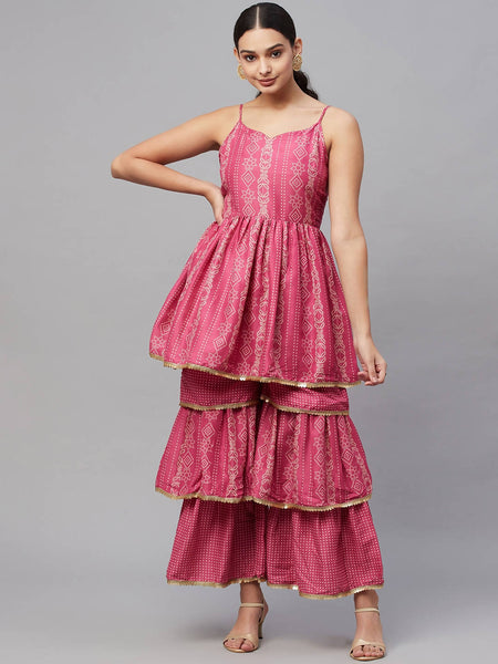 Myshka Pink Printed Sleeveless V Kurti Sharara Set