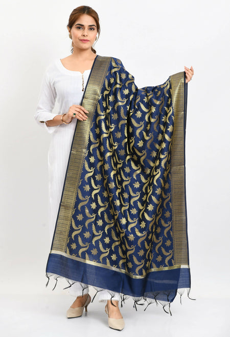 Mominos Fashion Moeza Women's Banarsi Silk Floral Woven Design Navy Blue Dupatta