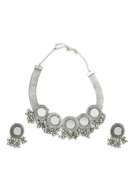 Mominos Fashion Johar Kamal Silver-Plated Brass Finish Mirror Work Women Choker