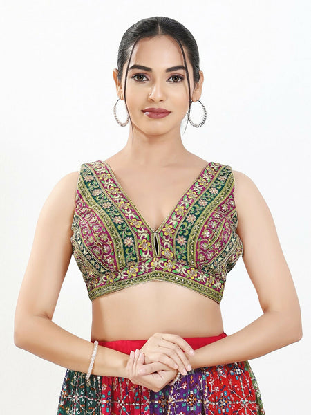 Joban Fashion Green Multi Georgette Padded Blouse With V Neck Sleeveless
