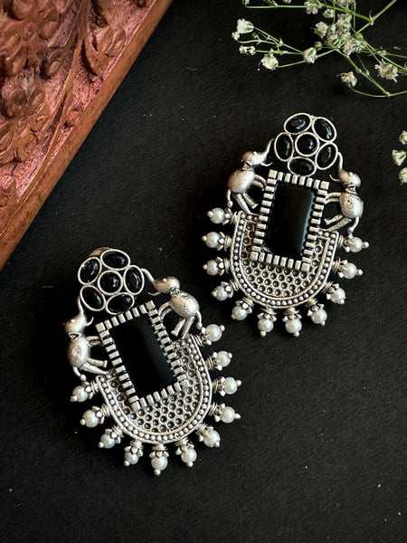 Joban Fashion Women Black Silver Replica Big Monalisa Stone Stud Earring
