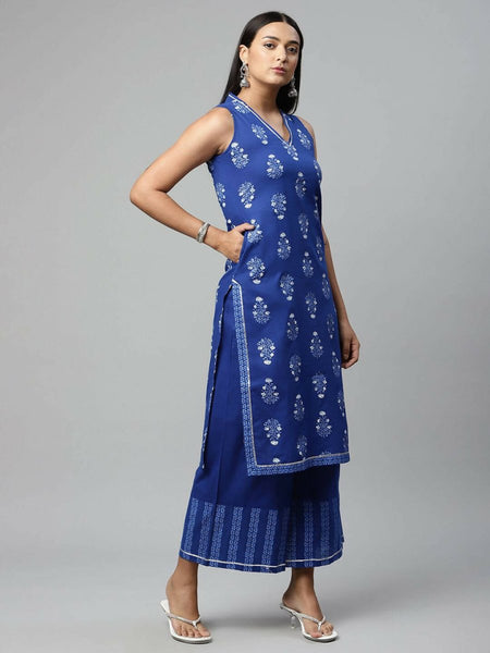 Ahalyaa Womens Indigo Blue Pure Cotton Printed Kurta Palazzo Set
