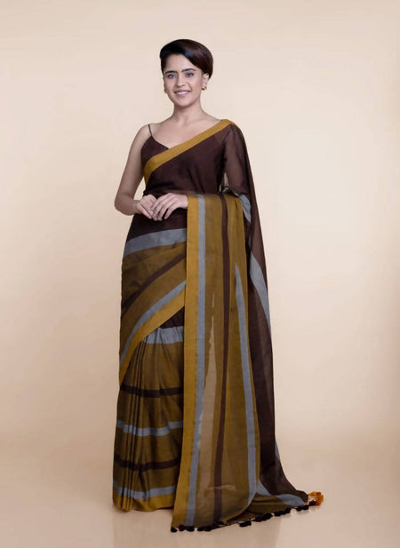 Suta Brown Yellow Colourblocked Mul Saree