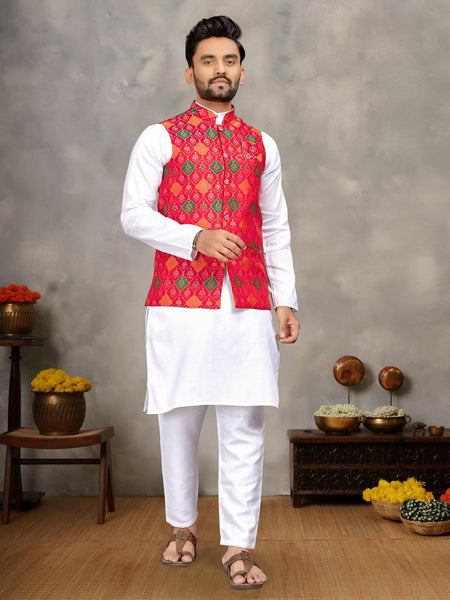 Anaita Red Cotton Straight Kurta Pajama & Koti With Jequard Work