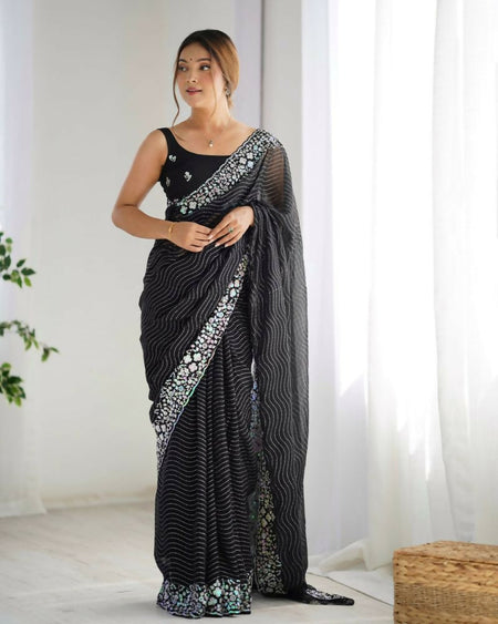 Georgette Designer Sequance Embroidery Work Party Wear Saree - Black