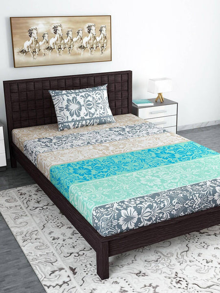Divine Casa Blue & Grey Ethnic Motifs 120 TC Bedsheet with Pillow Covers