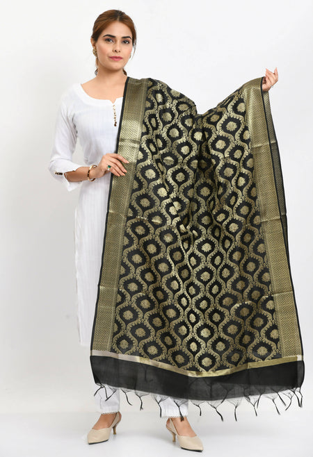 Mominos Fashion Moeza Women's Banarsi Silk All Over Woven Design Black Dupatta