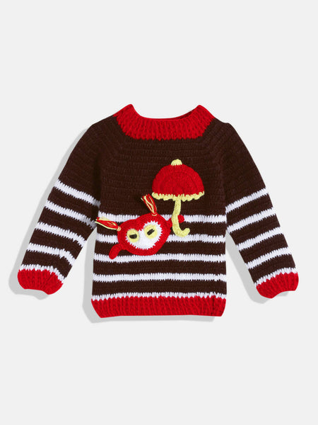 Chutput Kids Woollen Hand Knitted Full Sleeves Striped And Devil Heart Detail Sweater For Baby Boys - Brown