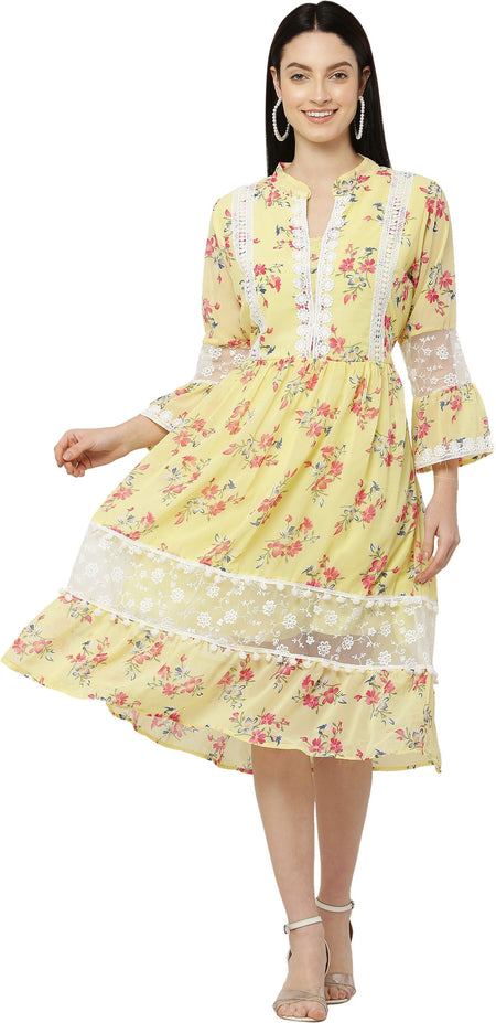 PAVONINE Yellow Color Flower Printed Lace Bottom Dress For Girls & Women