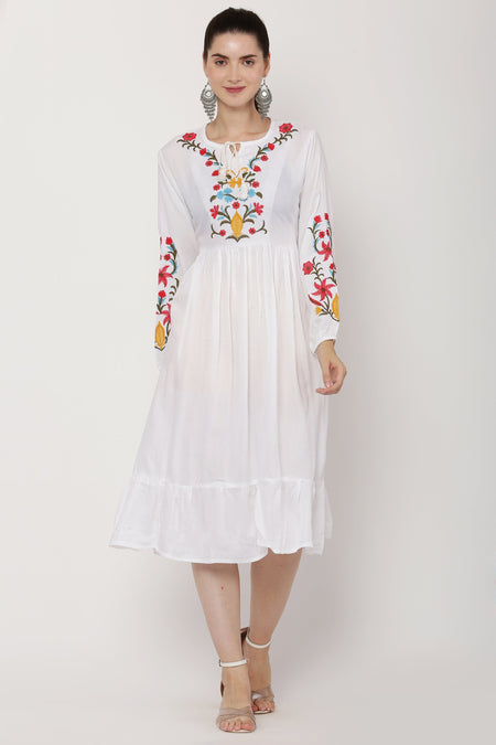 PAVONINE White Color Flower Embroidery Dress For Women
