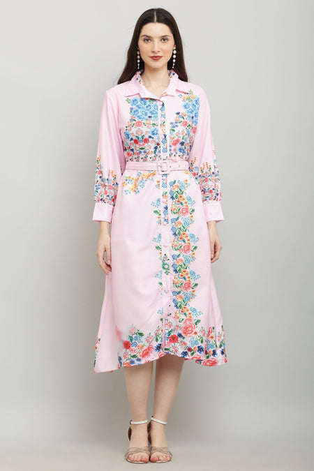 PAVONINE Cat Flower Digital Print Pink Color A-Line Dress For Women