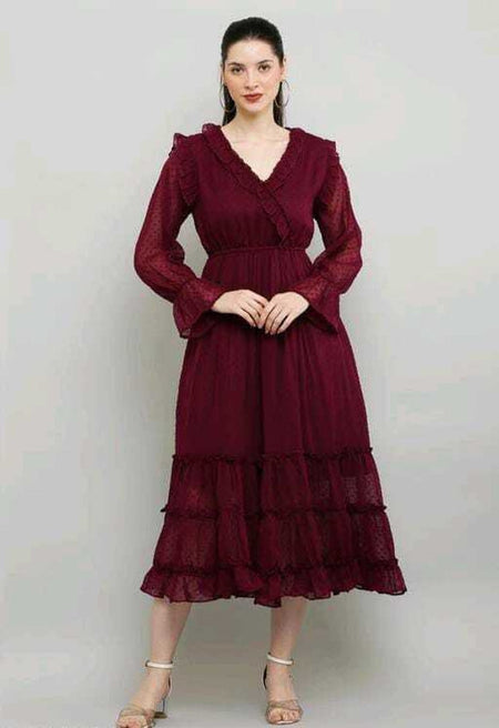 PAVONINE Buta-Design With V-Neck Wine Dress For Girls & Women