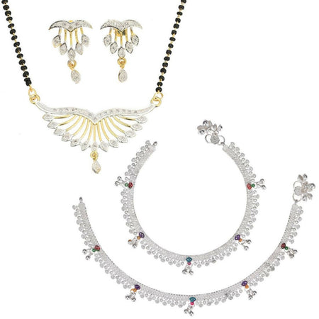 AanyaCentric Gold-Polished Mangalsutra Pendant Earring Set & Silver Plated Anklet