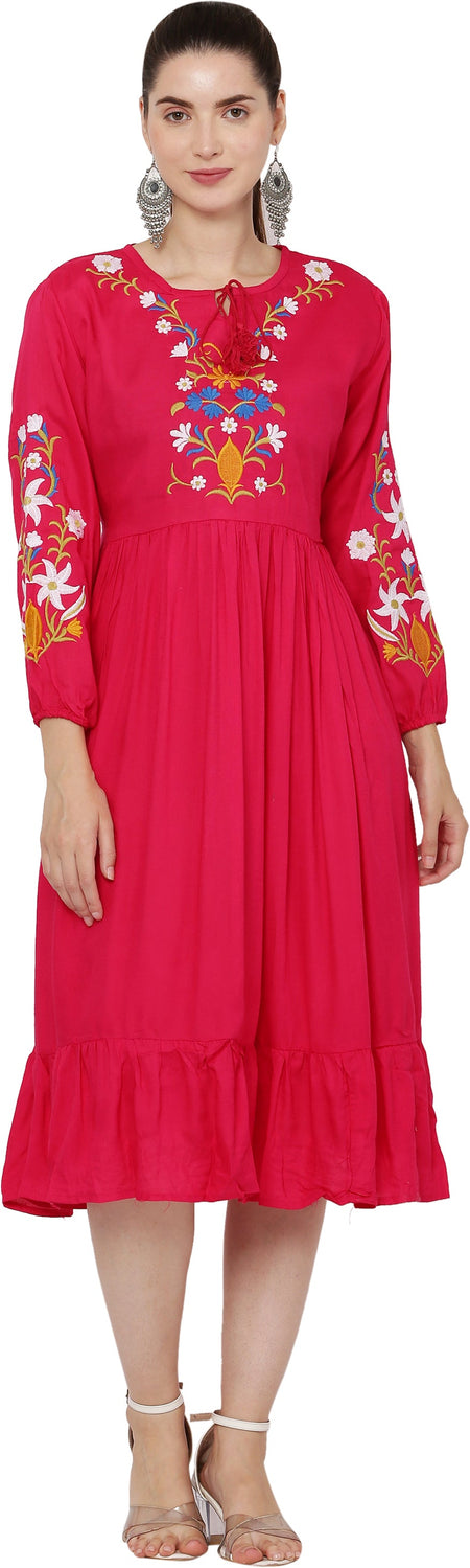 PAVONINE Rani Color Flower Embroidery Dress For Women