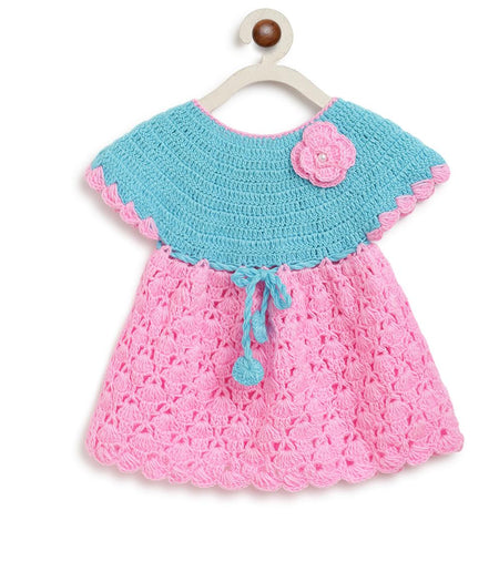 ChutPut Hand knitted Crochet BubbleGum Wool Dress For Baby Girls - Pink
