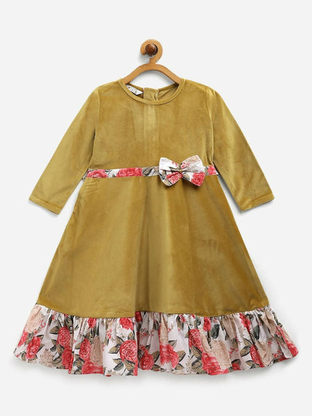 Ahalyaa Mustard Velvet Plain Kids Frilled Kurta For Girls