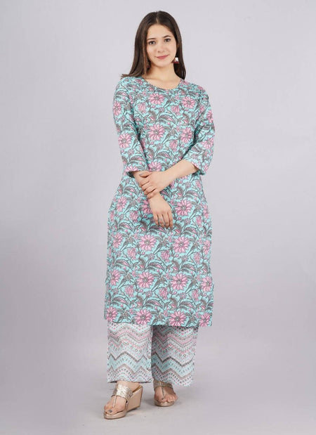 Vamika Printed Cotton Sky Blue Party Wear/Casual Wear Kurta Set/Suit