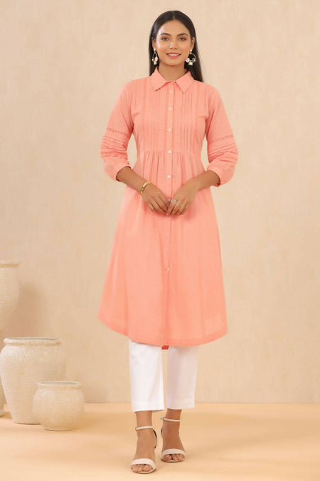 Juniper Womens Blush Pink Cotton Slub Solid Mid Length Shirt Dress With Lace Detailing