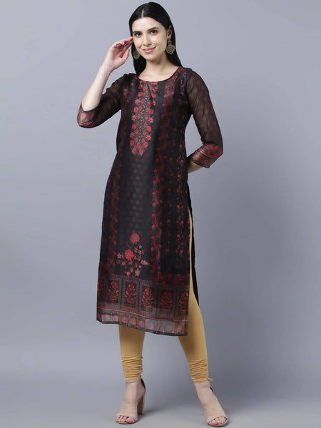 Myshka Women Black Red Floral Printed Chanderi Silk Kurta