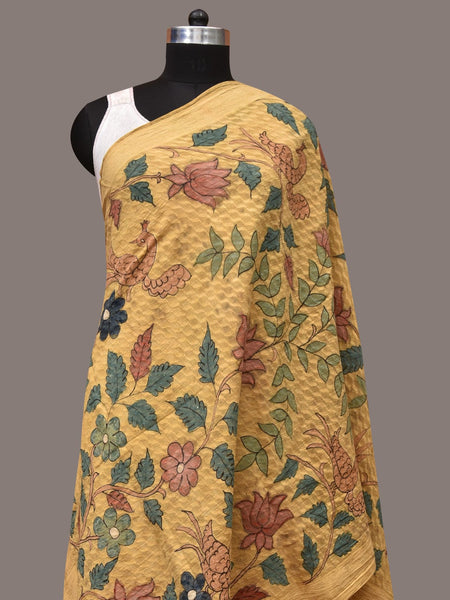 Yellow Kalamkari Hand Painted Cotton Silk Handloom Dupatta with Lotus and Birds Design - Global Threads