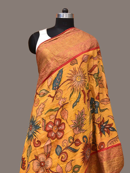 Yellow Kalamkari Hand Painted Kanchipuram Silk Handloom Dupatta with Floral Design - Global Threads