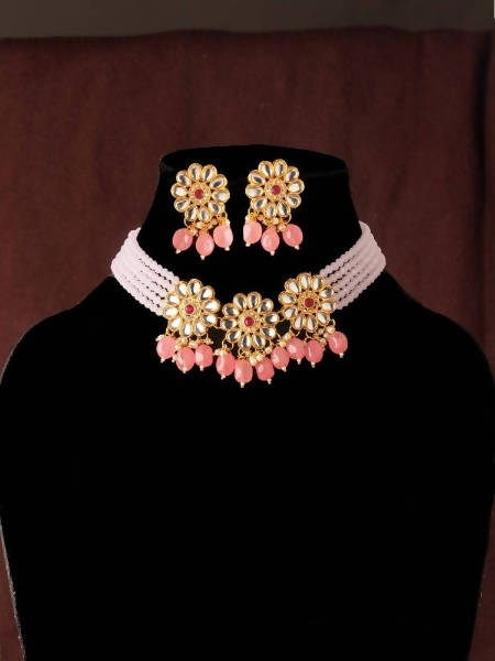 Mominos Fashion Johar Kamal Women's Pink Beads Pearls Gold-Polished Jewellery Set