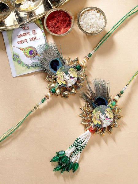NVR Women & Men Set of 2 Green Radha Krishna Beaded Bhaiya Bhabhi Rakhi With Roli Chawal