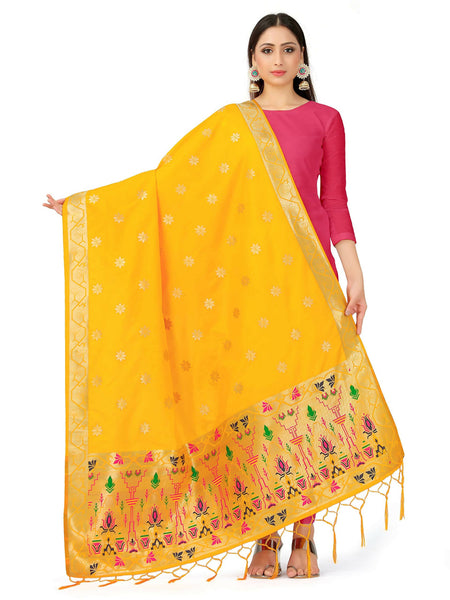 Mimosa Women's Floral Art Silk Gold Dupatta
