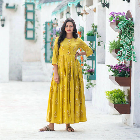 Partywear Designer Digital Printed Lemon Yellow Pure Maslin Gown - Anbazaar