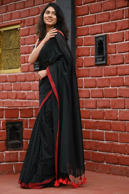 Very Much Indian Pure Cotton Handloom Saree With Intricate Border - Black