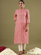 Indo Era Geometric Printed Mirror Work Straight Kurta - Distacart