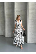 Pimu V-Neck Maxi Dress with Graphic Print-Black