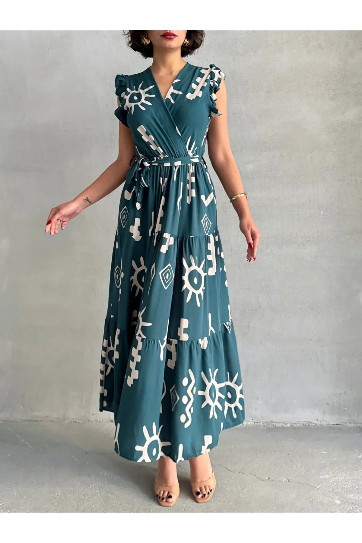 Pimu V-Neck Maxi Dress with Teal-Blue Graphic Print