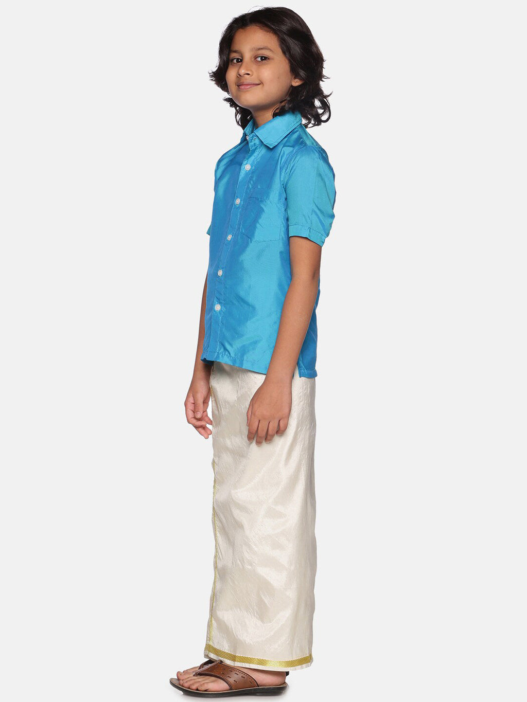 Sethukrishna Boys Turquoise Blue & White Shirt with Dhoti