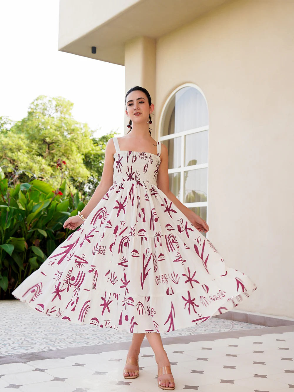 Pimu Square-Neck Maxi Dress with Graphic Print-Green