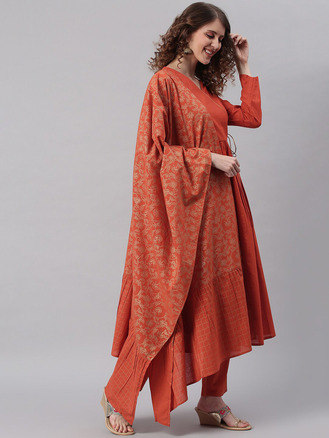 Janasya Orange Angrakha Pure Cotton Kurta with Trousers & Dupatta - Distacart