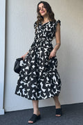 Pimu V-Neck Maxi Dress with Graphic Print-Black