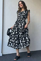 Pimu V-Neck Maxi Dress with Graphic Print-Black